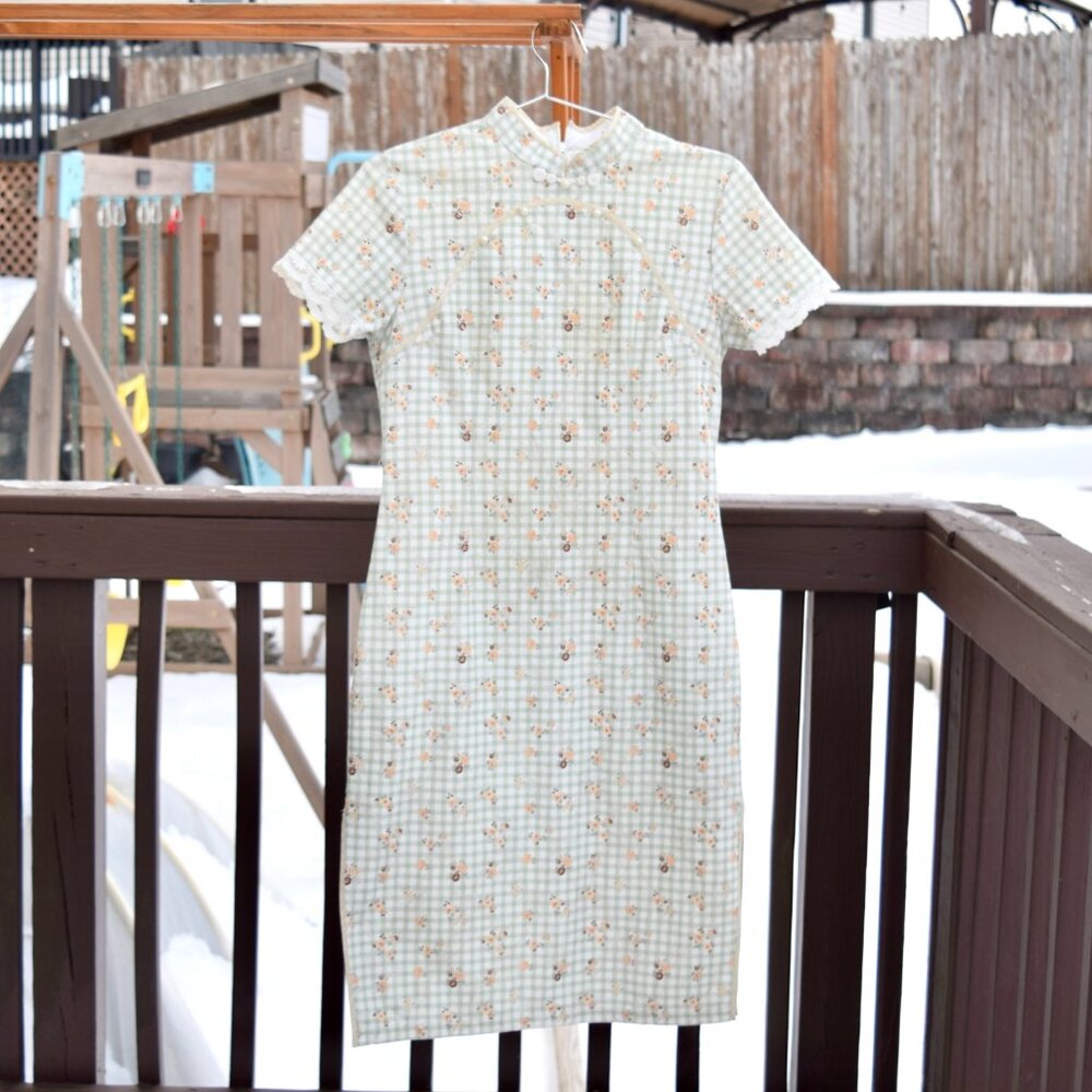 Green Plaid Flora Qipao Dress - Chinese Traditional Cheongsam
